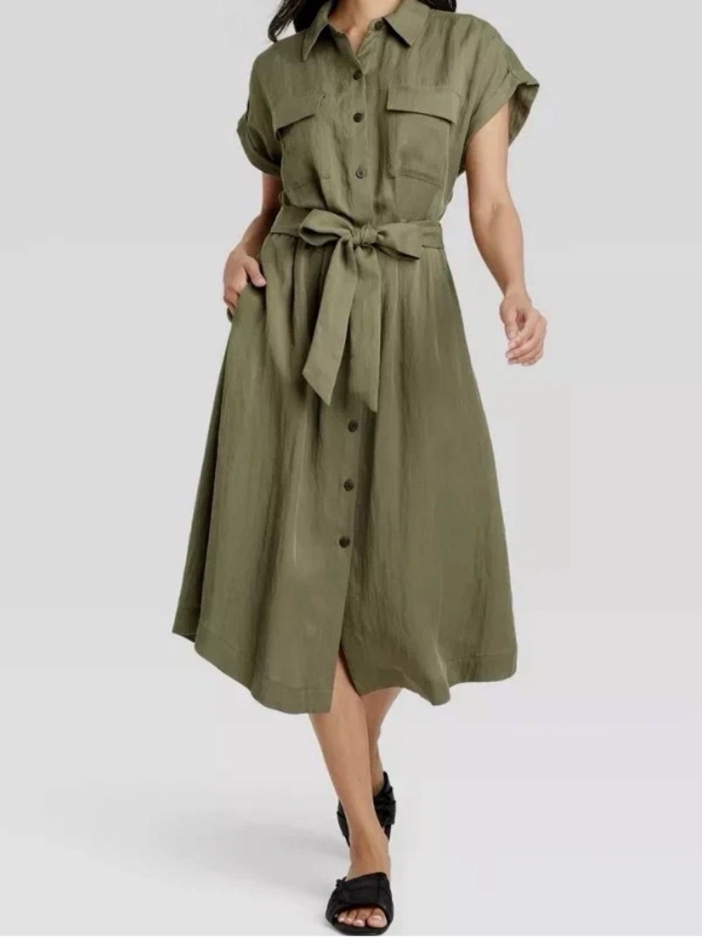 Olive Button-Front Shirt Dress with Waist Tie